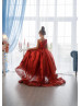 One Shoulder Dark Red 3D Flowers Shiny Organza Flower Girl Dress